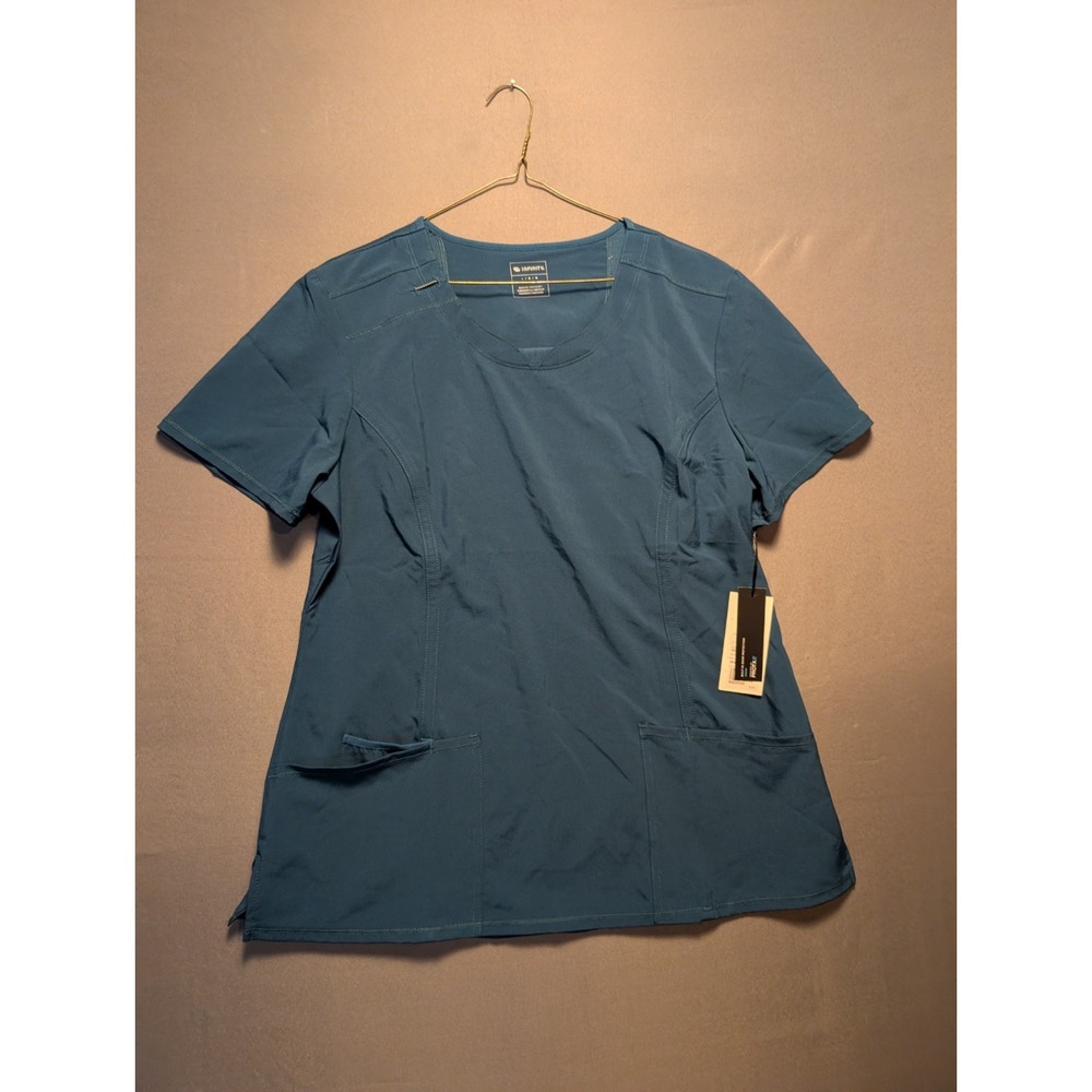 Infinity Scrub Top Womens Large Teal Blue Medical Moisture-Wicking Round Neck